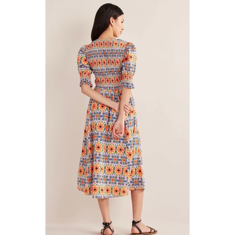 Boden Smocked Bodice Midi Dress Colorful Cute Tapestry Stripe Puff Sleeves US6 - Picture 2 of 13